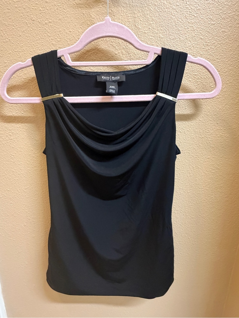White House Black Market Black Drape Neck Camisole with Gold Accents
